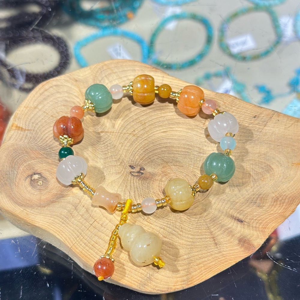 New Boho Rainbow Jade Pumpkin Gourd Beading Charm Bracelet